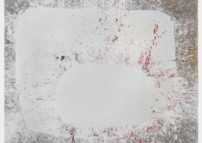 Oil on linen painting, white on white shapes with red spatters