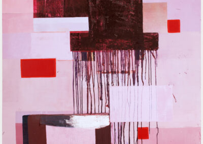 Oil on linen painting, pink field with carmine shapes and drips