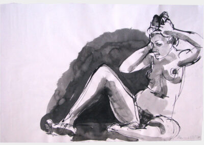 Figure drawing, female nude sitting with hands on head