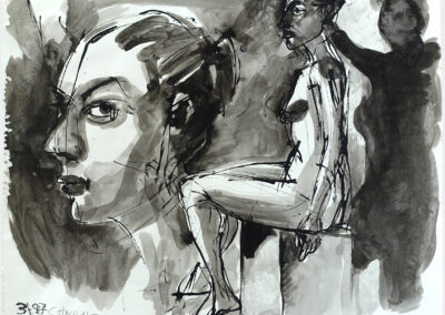 India Ink drawing of seated nude and head in profile
