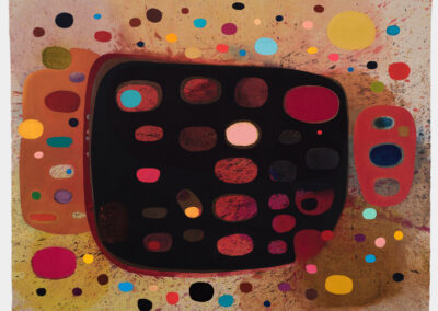 Oil on linen painting, dark brown shapes with color ovals
