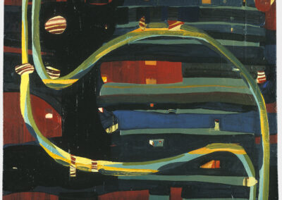 Oil on panel painting, dark ground with color shapes and ribbons
