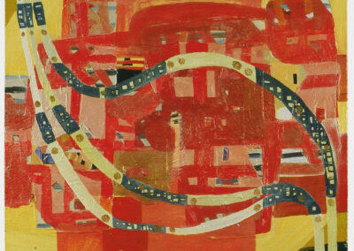 Oil on panel painting, red and yellow ground with gray ribbons