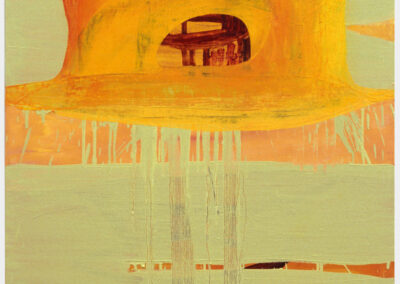 Oil on linen painting, orange, yellow and green with drips