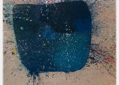 Oil on linen painting, large blue shape with blue and white splatters