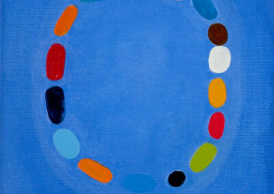 Oil On Linen Painting. Colored Shapes Forming a Circle Against a Blue Ground
