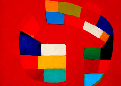Oil On Linen Painting. Colored Shapes Against a Red Ground
