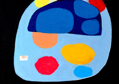 Oil On Linen Painting. Colored Shapes in a Blue Oval against a Black Ground