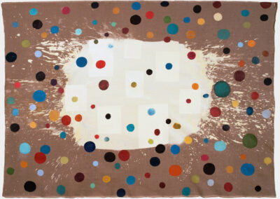 Oil on linen painting, white splattered shape with color ovals