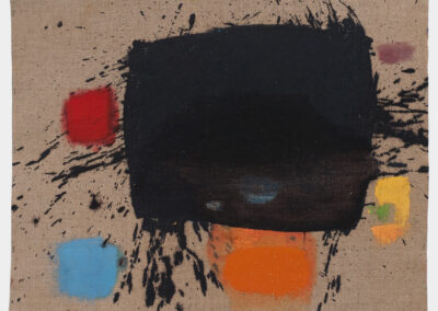Oil on linen painting, black rectangle with blue, red and orange shapes