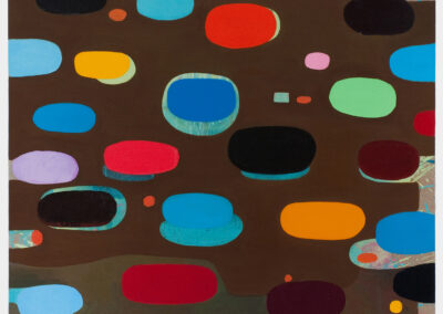 Oil on linen painting, brown field with color ovals