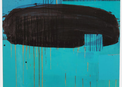 Oil on linen painting, aqua field with black ovals and drips
