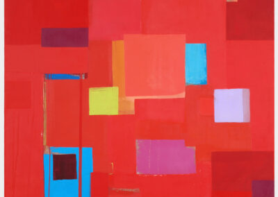 Oil on linen painting, red with blue, yellow and purple rectangles