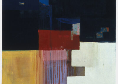 Oil on linen painting, black, yellow, white and red rectangles with drips