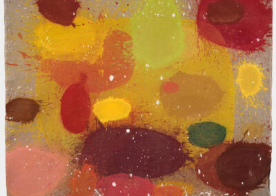Oil on linen painting, green, brown, red and yellow shapes with spattered paint