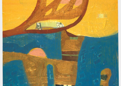 Oil on panel painting, yellow and blue with gold shapes