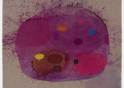 Oil on linen painting, red shape with blue, yellow and red ovals