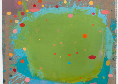 Oil on linen painting, green and blue with red, yellow and orange ovals