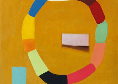 Oil On Linen Painting. Colored Shapes Forming a Circle Against Yellow Ground with Pink and Blue Rectangles