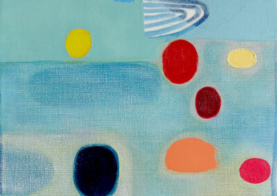 Oil On Linen Painting. Colored Shapes Against a Blue Ground
