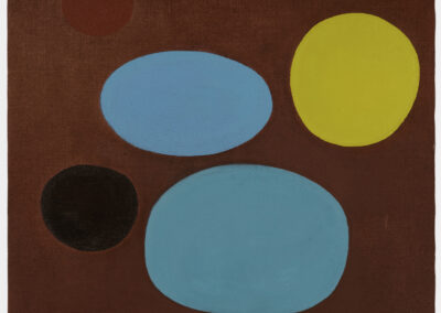 Oil on linen painting, deep red field with blue, yellow and black ovals