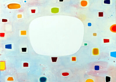 Oil on linen with white shape and various colored shapes and gold leaf