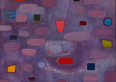 Oil on linen, purple haze ground with purple red and yellow shapes
