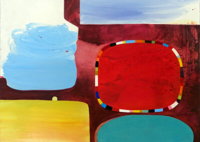 Oil on linen dark red ground with yellow red and blue shapes